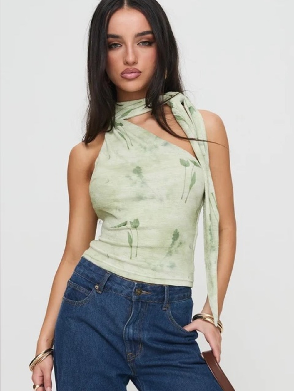 Princess Polly Light Green Halter Tie-Neck Floral Camisole